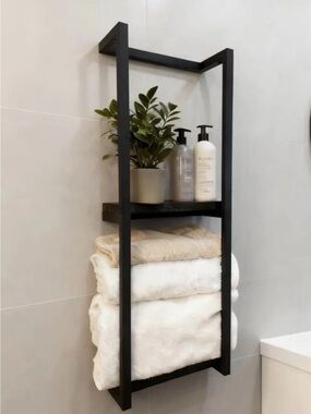 Black Wall-Mounted Bathroom Shelf with Towel Storage